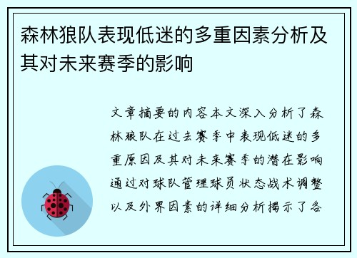 森林狼队表现低迷的多重因素分析及其对未来赛季的影响
